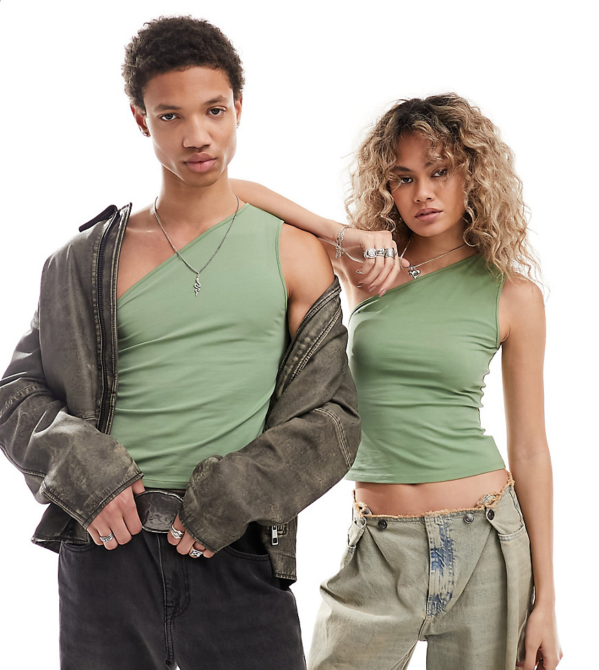 Weekday Unisex Cindy one shoulder top in green exclusive to ASOS