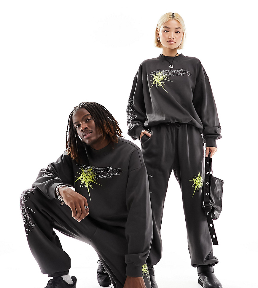 Weekday Unisex co-ord joggers with rhinestones and graphic print in charcoal exclusive to ASOS-Grey