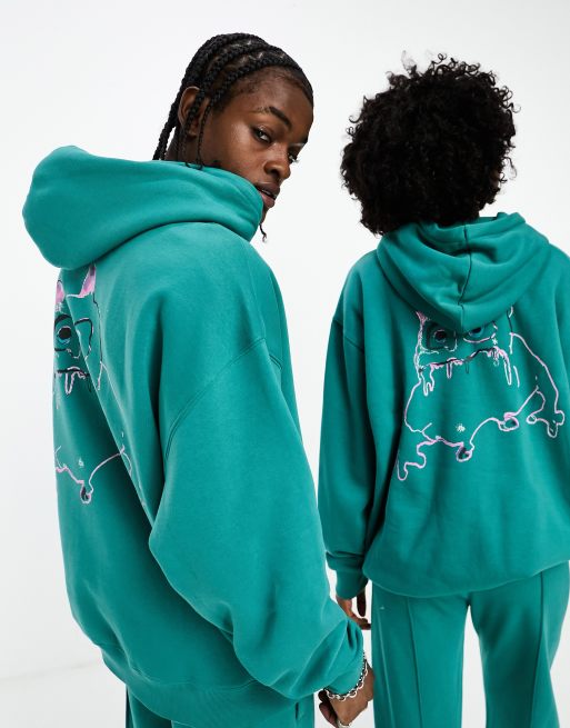 Weekday Unisex co-ord oversized graphic hoodie in green exclusive to ASOS, 3 of 4