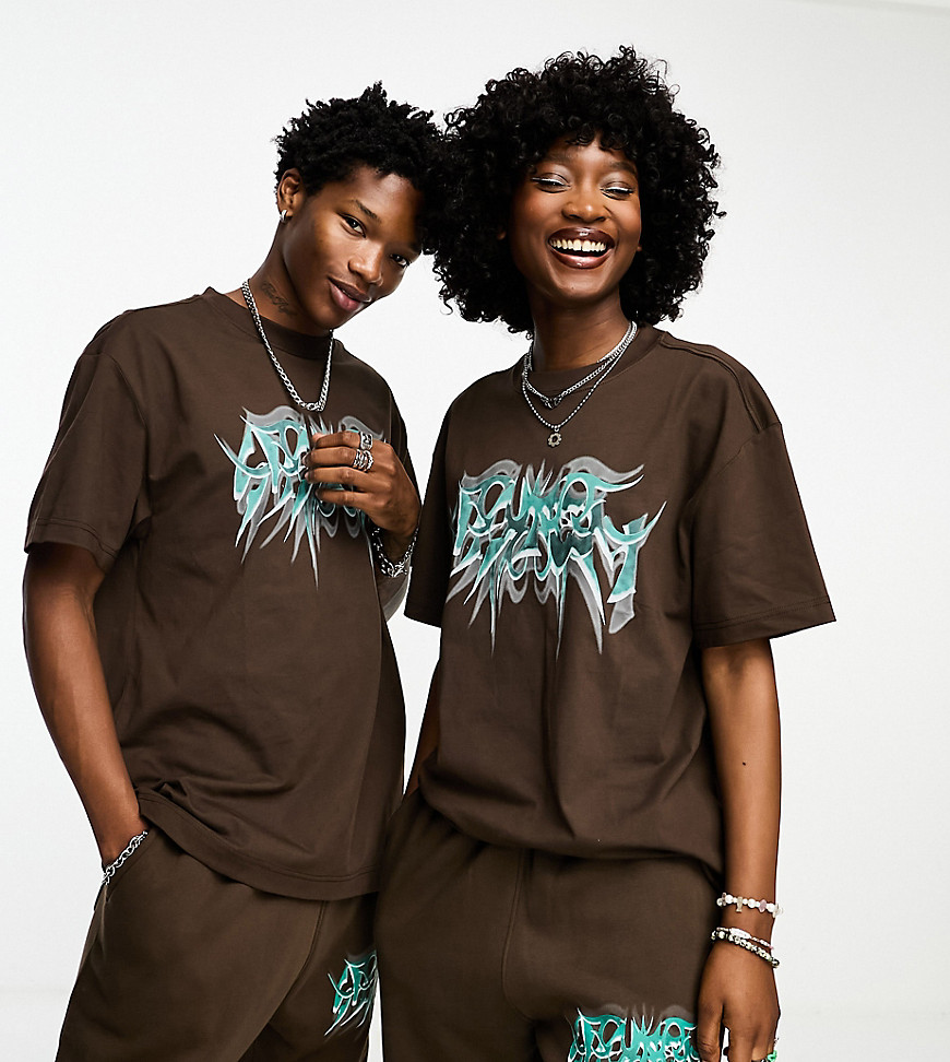 Weekday Unisex co-ord oversized graphic t-shirt in brown exclusive to ASOS