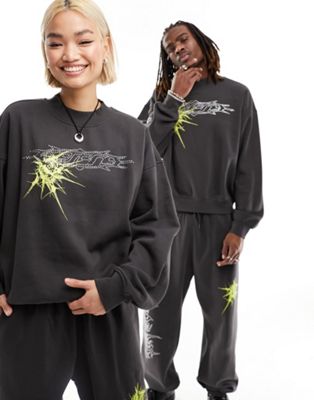 Weekday Unisex co-ord sweatshirt with rhinestones and graphic print in charcoal exclusive to ASOS