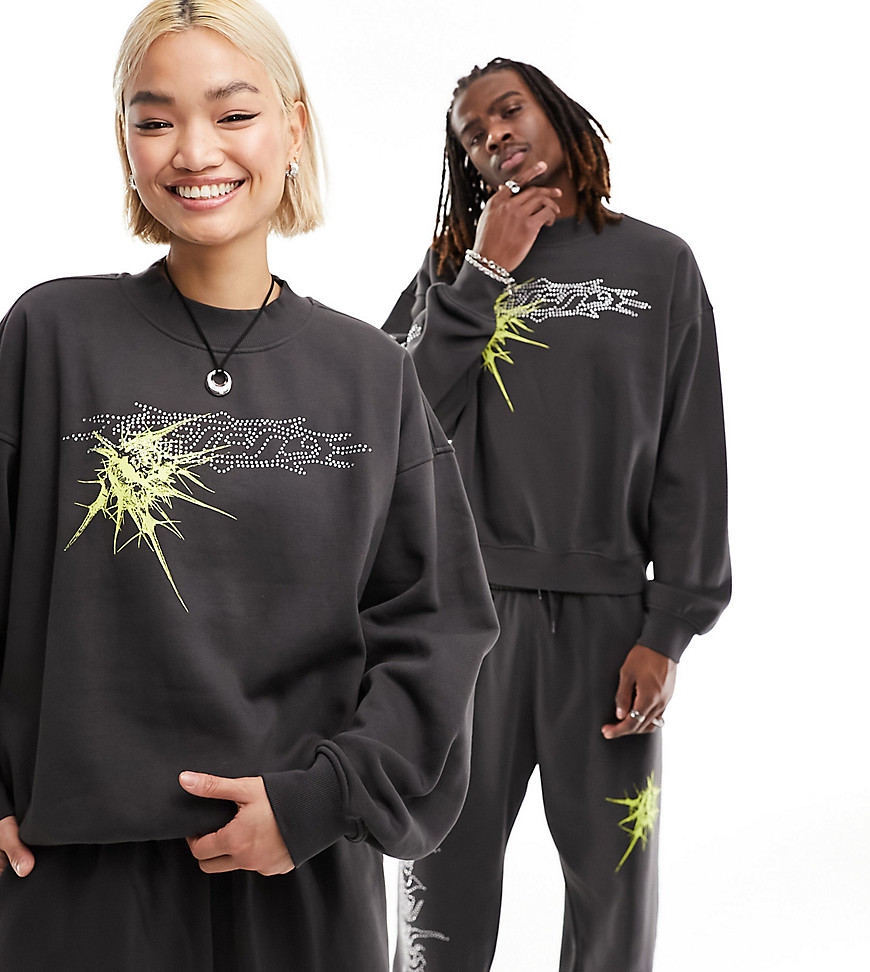 Weekday Unisex co-ord sweatshirt with rhinestones and graphic print in charcoal exclusive to ASOS-Grey