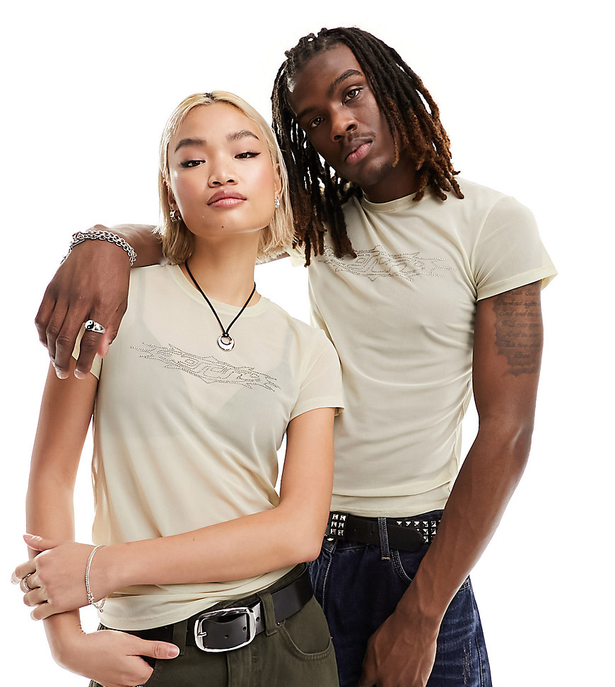 Weekday Unisex Conan fitted mesh t-shirt with rhinestone graphic in beige exclusive to ASOS-Neutral