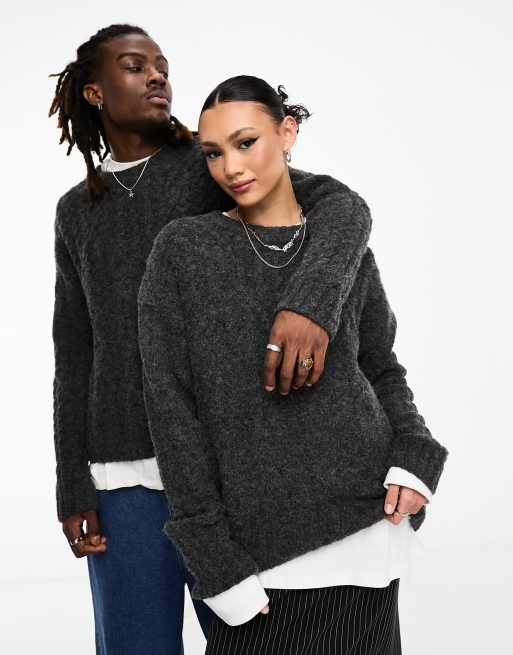 Weekday Unisex Daniel wool blend cable knit jumper in dark grey