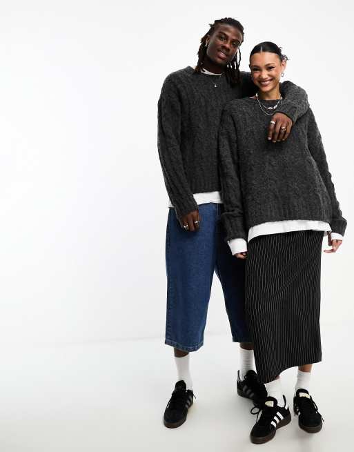 Weekday Unisex Daniel wool blend cable knit jumper in dark grey exclusive to ASOS, 3 of 4