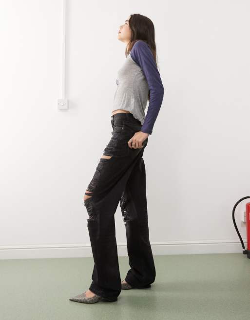 Weekday Unisex – Galaxy – Czarne luźne jeansy z przedarciami i efektem sprania, 2 z 5