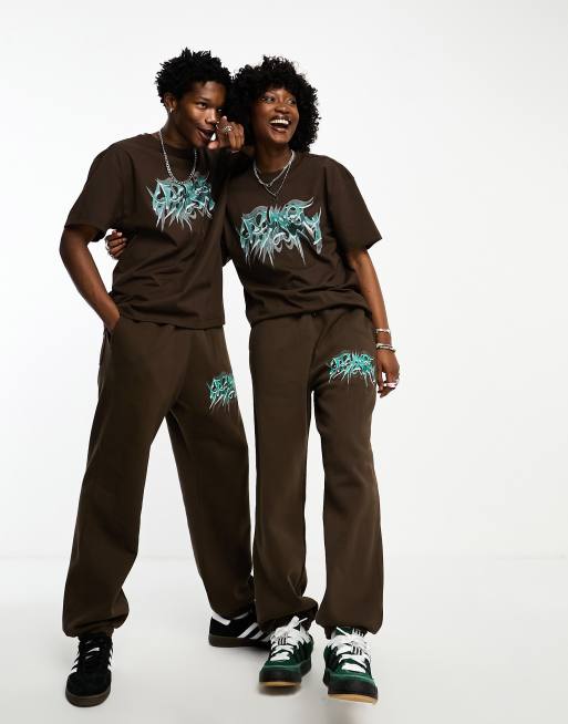 Weekday Unisex Graphic T Shirt, Hoodie and Sweatpants in Brown