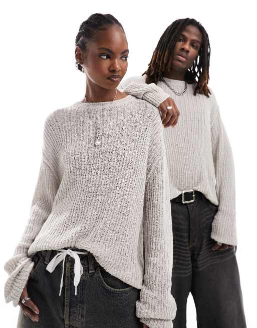 Weekday Unisex Jordan open knit sweater in beige exclusive to FhyzicsShops