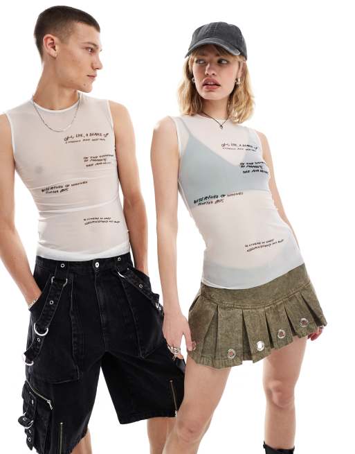 Weekday Unisex – Klara – Naturvit topp i skir mesh med grafiskt texttryck, exklusivt hos ASOS