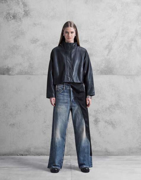 Weekday Unisex loose fit wide leg baggy jeans with double waistband detail in faded blue wash
