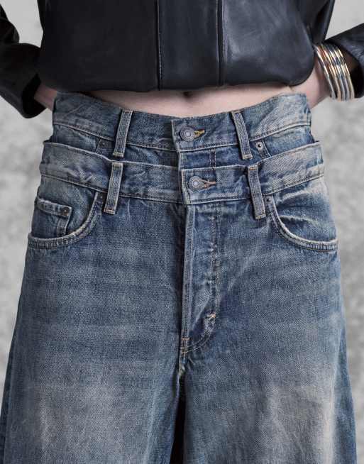 Weekday Unisex loose fit wide leg baggy jeans with double