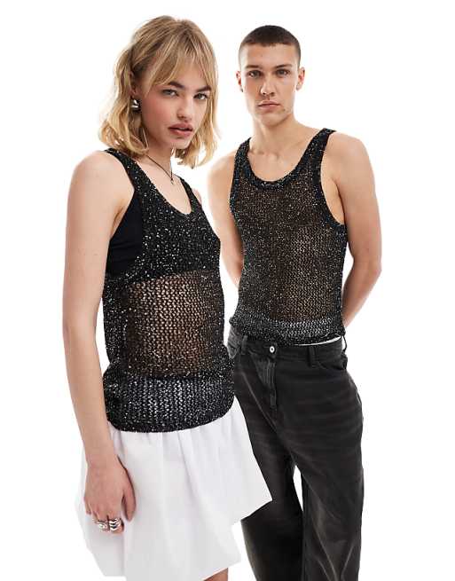 Weekday Unisex Mattues sheer sequin vest in black exclusive Weekday Unisex Mattues sheer sequin vest in black exclusive