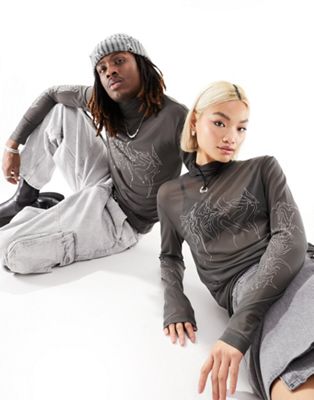 Weekday Unisex Mesh High Neck Long Sleeve T-shirt With Rhinestone Graphics In Charcoal Exclusive To Asos-gra In Gray