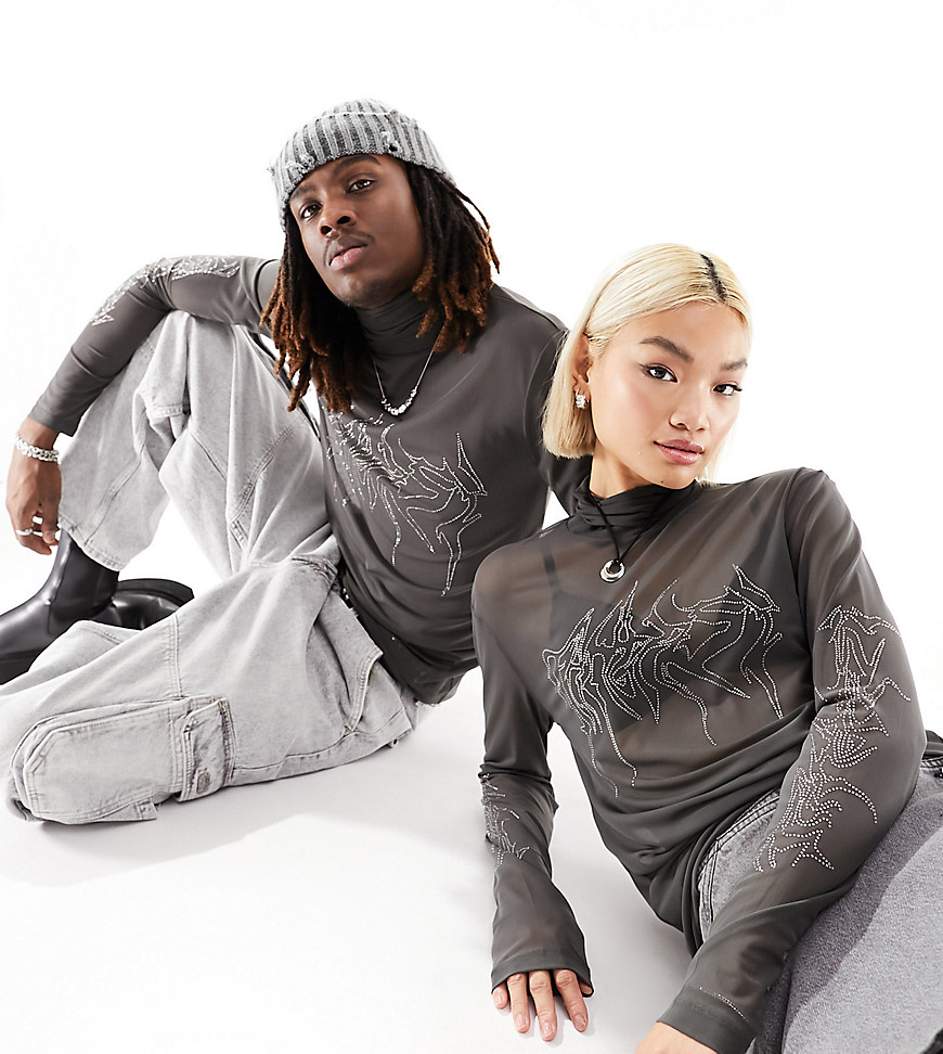Weekday Unisex mesh high neck long sleeve t-shirt with rhinestone graphics in charcoal exclusive to ASOS-Grey