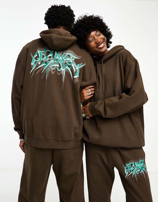 Weekday Unisex oversized graphic hoodie in brown exclusive to ASOS part of a set