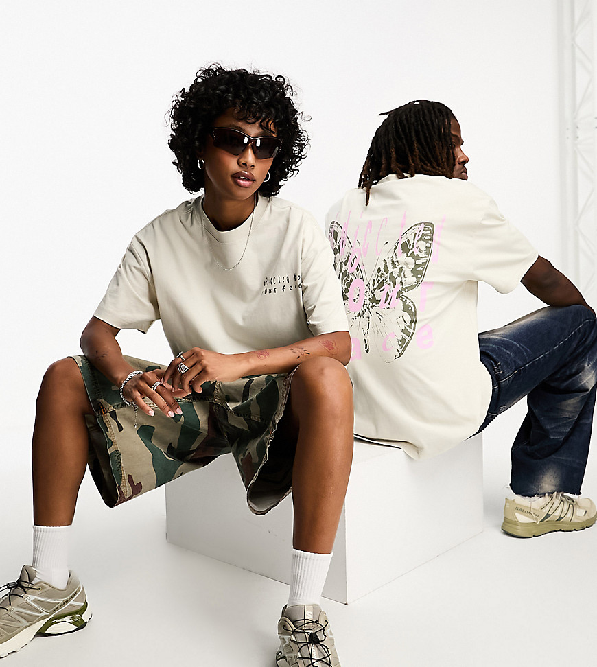 Weekday Unisex oversized graphic t-shirt in beige exclusive to ASOS-Neutral