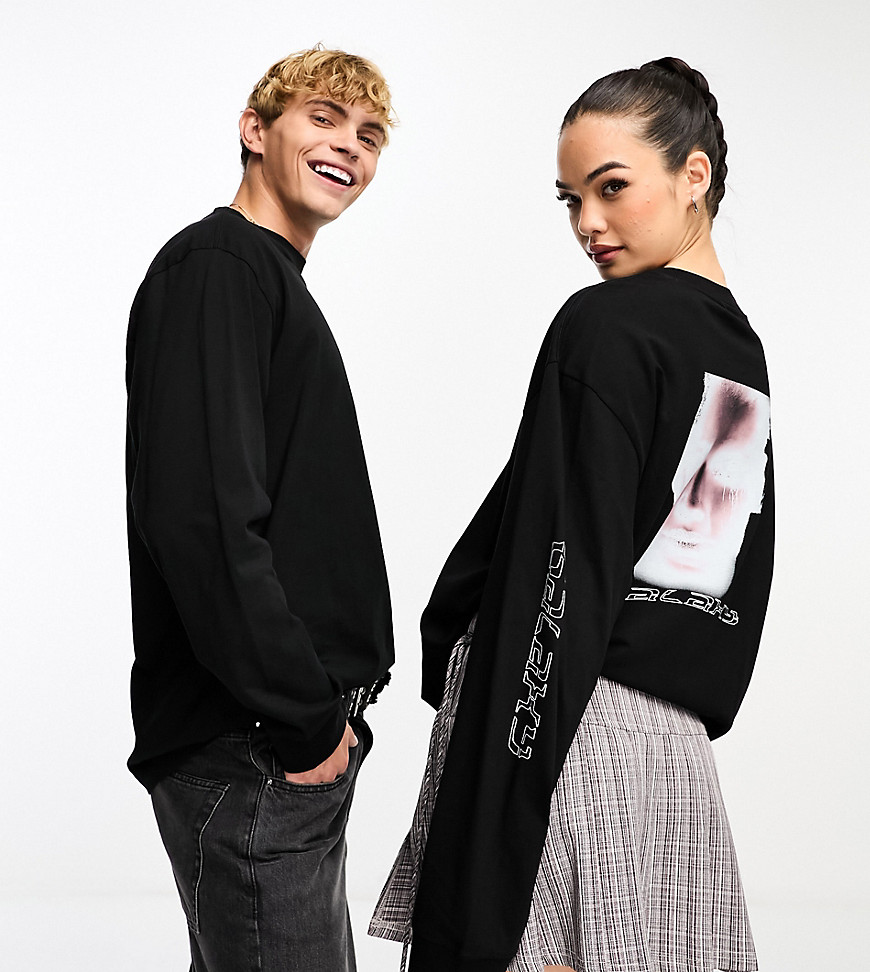 Weekday Unisex Oversized Long Sleeve T-shirt With Graphic Print In Black Exclusive To Asos