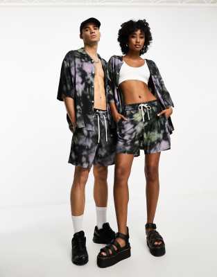 Weekday Unisex oversized short sleeve resort shirt in black print exclusive to ASOS (part of a set)