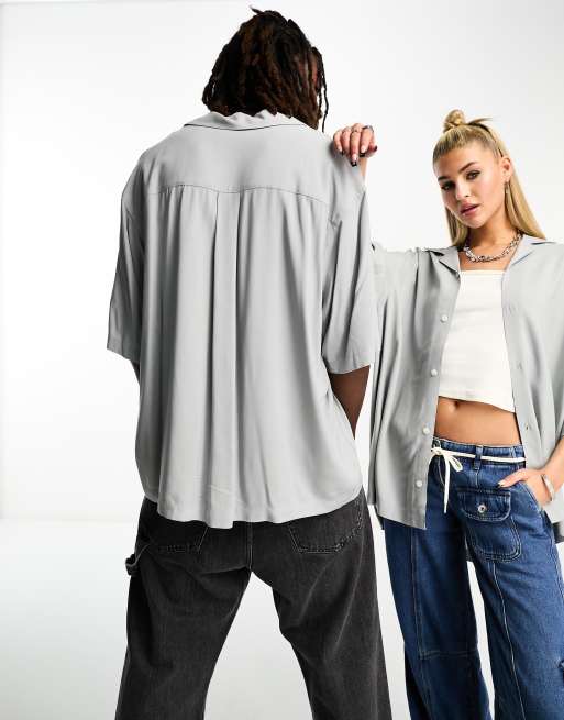 Weekday Unisex Oversized Short Sleeve Resort Shirt in Gray Exclusive to ASOS