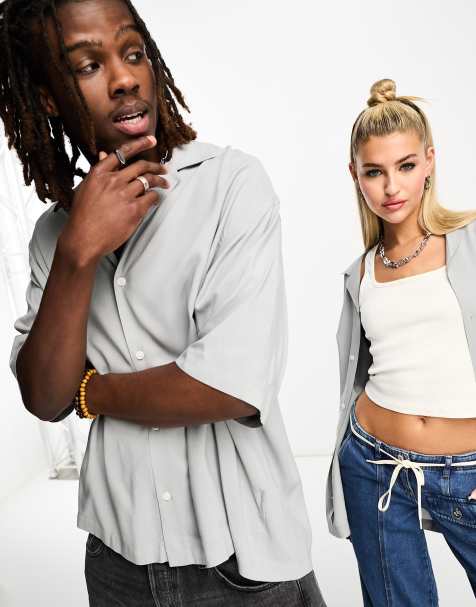 Weekday Unisex oversized short sleeve resort shirt in grey exclusive to ASOS - view 1