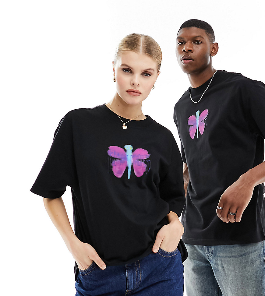 Weekday Unisex Oversized T-shirt With Butterfly Cartoon Print In Black Exclusive To Asos