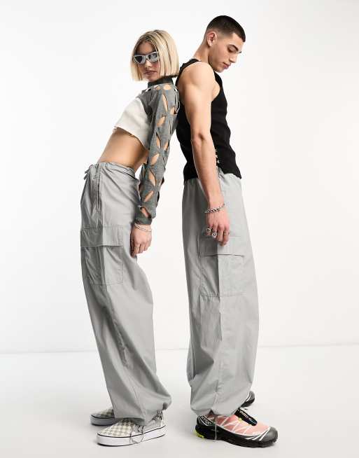 Weekday Unisex parachute baggy pants in gray exclusive to ASOS