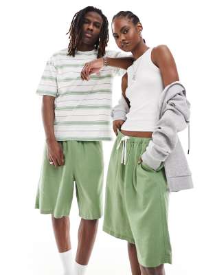 Weekday Unisex Patrik Linen Shorts In Green Exclusive To Asos