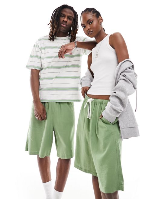Weekday Unisex Patrik linen shorts in green exclusive to FhyzicsShops