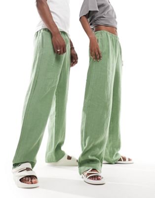 Weekday Unisex Seth Linen Look Pants In Green Exclusive To Asos