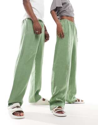 Weekday Weekday Unisex Seth linen trousers in green exclusive to ASOS