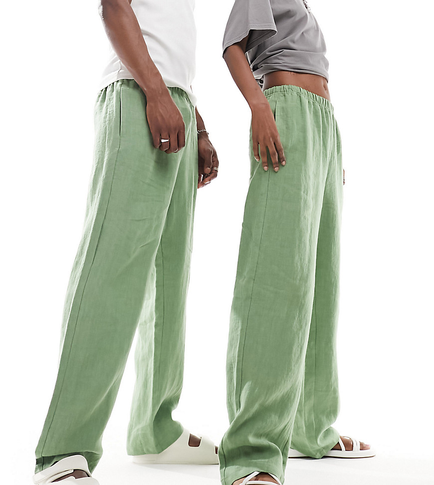 Weekday Unisex Seth linen trousers in green exclusive to ASOS