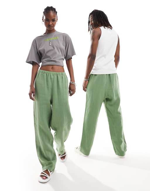 Weekday Unisex Seth linen trousers in green exclusive to ASOS | ASOS