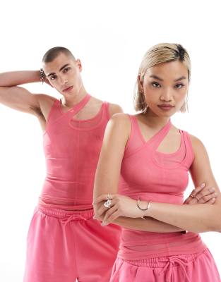 Weekday Unisex sheer mesh double layer top in bright pink exclusive at ASOS