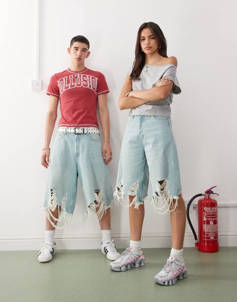 Weekday unisex super oversized distressed denim shorts in blue wash - view 1