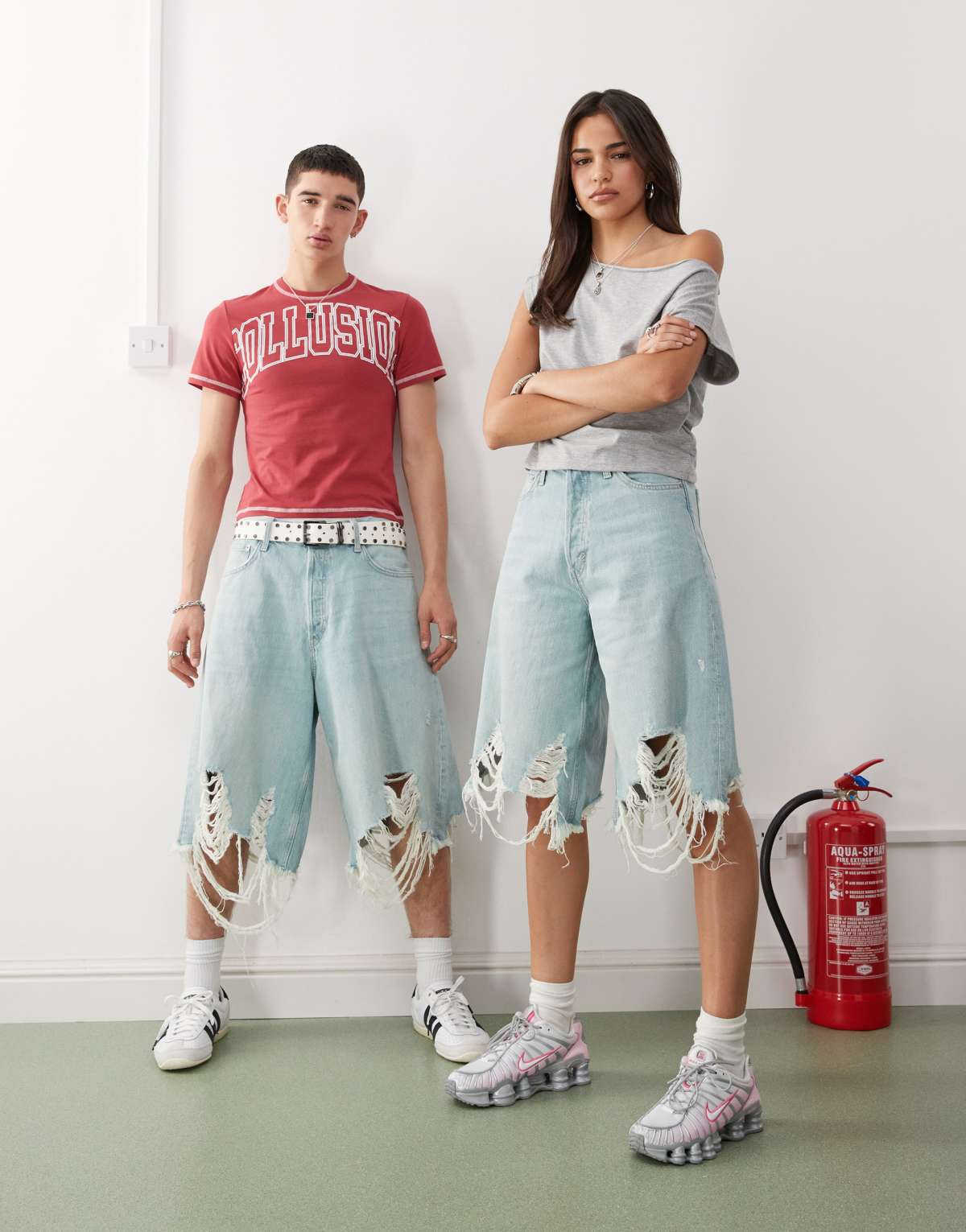 Weekday unisex super oversized distressed denim shorts in blue wash
