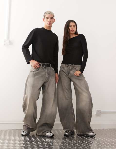 Weekday Unisex wide barrel leg jeans in grey wash - view 1