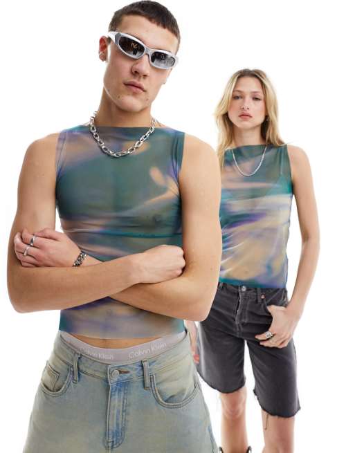 Weekday Unisex – Zielony prześwitujący top ze wzorem i dekoltem w łódkę – tylko w ASOS