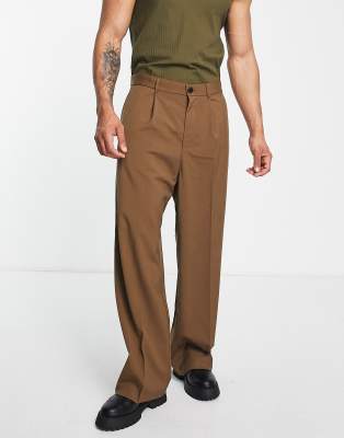 WEEKDAY UNO OVERSIZED SUIT PANTS IN BROWN-GREEN