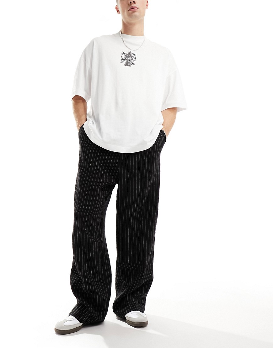 Weekday Uno relaxed fit linen tailored trousers in mono pinstripe-Black