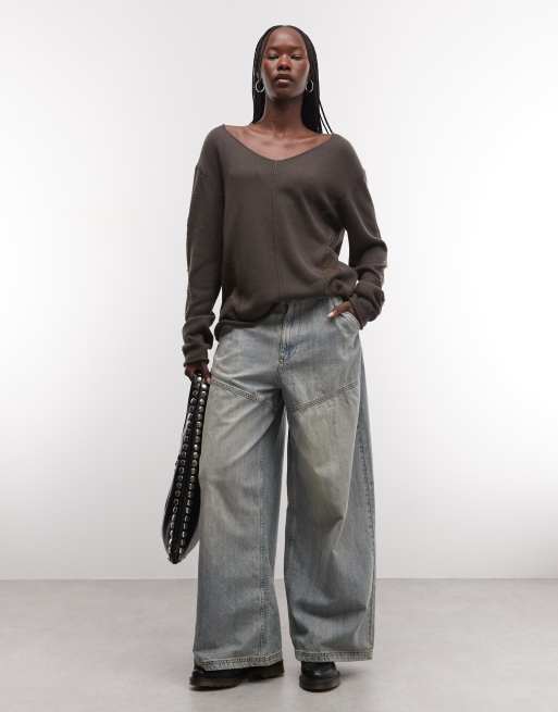 Weekday v neck jumper with burn out jacquard in dark grey, 3 of 4