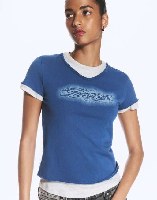 Weekday v neck layered baby tee with lucky graphic print in grey and navy, 2 of 4