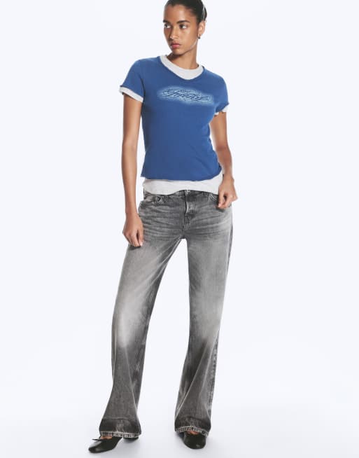 Weekday v neck layered baby tee with lucky graphic print in grey and navy, 3 of 4