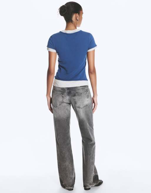 Weekday v neck layered baby tee with lucky graphic print in grey and navy, 4 of 4