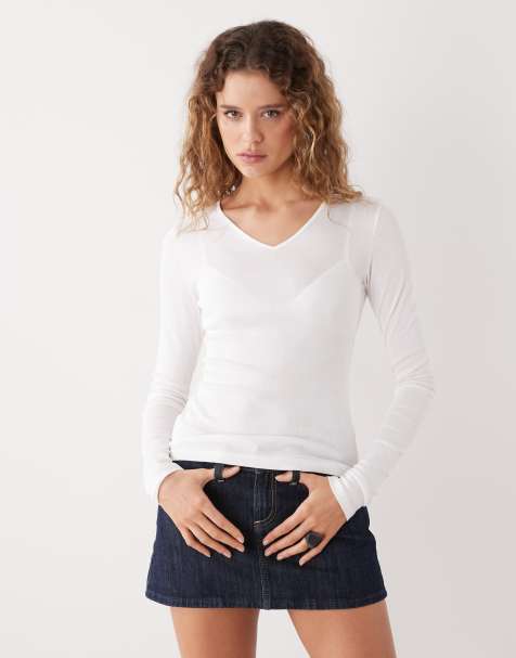 Weekday v-neck long sleeve top in off white