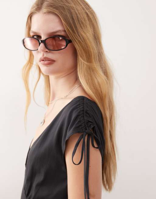 Weekday v neck mini dress with adjustable details in off-black, 2 of 4