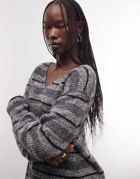 Weekday v-neck oversized jumper in grey stripe - view 1