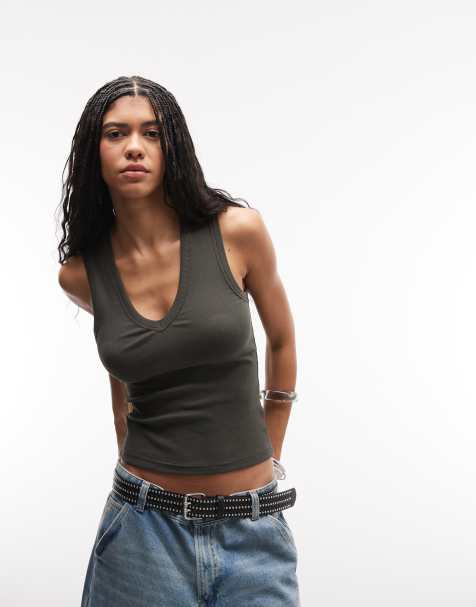 Weekday v-neck tank top in khaki - exclusive to ASOS - view 1