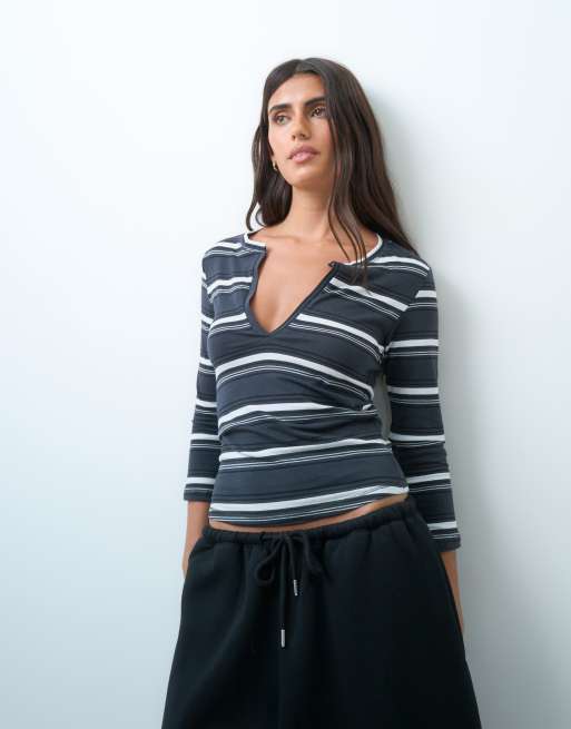 Weekday v-neck three quarter length sleeve top in black stripe, 2 of 4