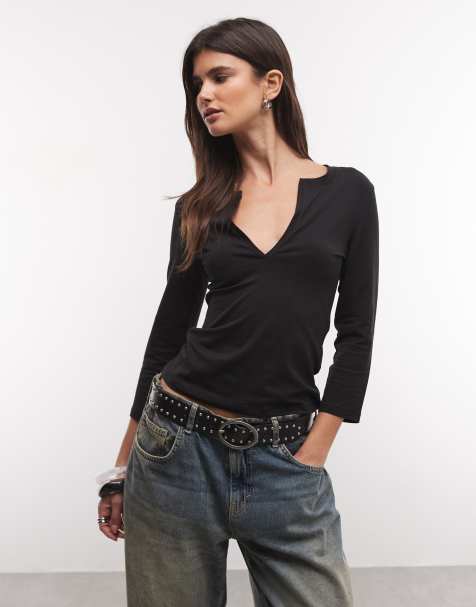 Weekday v-neck three quarter length sleeve top in black - view 1