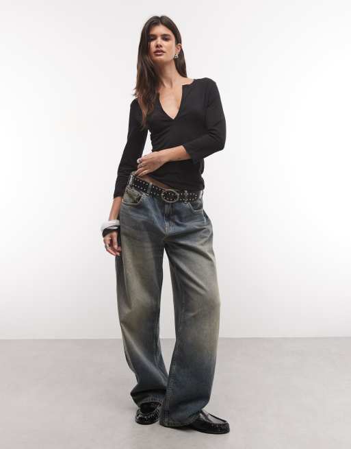 Weekday v-neck three quarter length sleeve top in black, 3 of 4